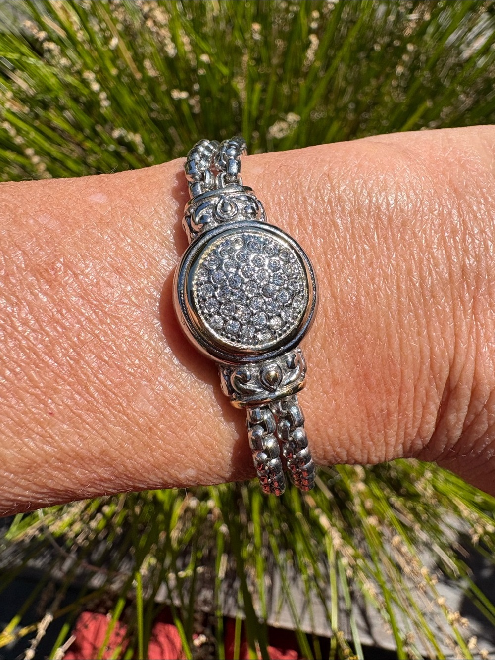 MX Silver-tone Pave Round Double-link Bracelet